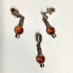 Vintage Amber Drop Earrings & Matching Pendant
